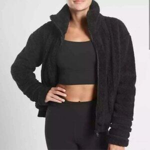 ATHLETA Willow Fleece Sherpa Jacket Women's S Small Black Fuzzy Bomber 599478